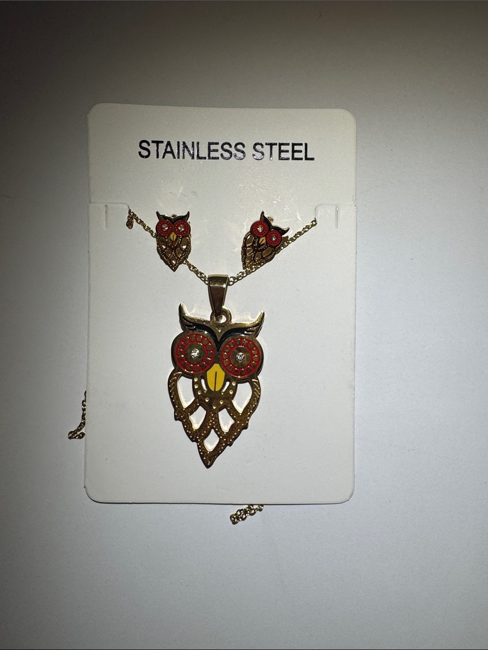 Gold-Tone Owl Necklace and Stud Earrings Set with Red Accents